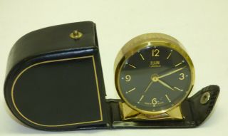 Vtg Old Elgin 7 Jewel Brass Travel Alarm Clock France W/ Germany Leather Case