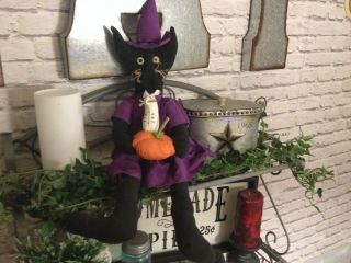 Primitive Halloween Fall Black Cat Witch Doll With Pumpkin Skeleton Mouse Decor
