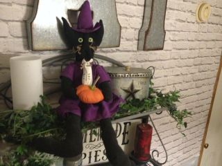 PRIMITIVE HALLOWEEN FALL BLACK CAT WITCH DOLL WITH PUMPKIN SKELETON MOUSE DECOR 2