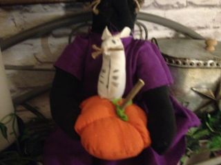 PRIMITIVE HALLOWEEN FALL BLACK CAT WITCH DOLL WITH PUMPKIN SKELETON MOUSE DECOR 3