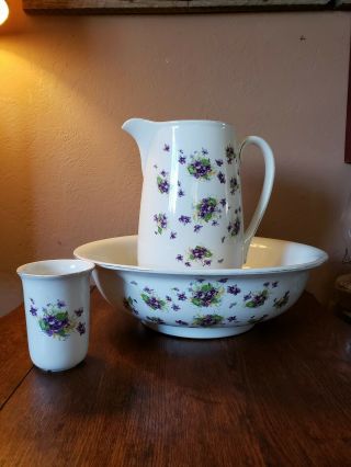 Vintage Bowl And Pitcher With A Glass England Wash Stand/table Antique