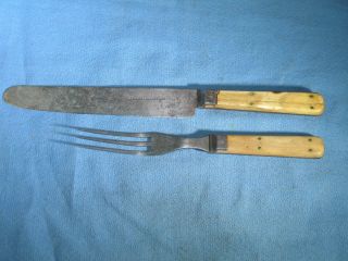 Antique 1860 Civil War Era 3 - Prong Lamson & Goodnow Knife & Fork Set Bone Handle
