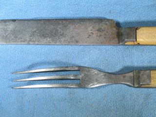 Antique 1860 Civil War ERA 3 - Prong LAMSON & GOODNOW Knife & Fork Set Bone Handle 7