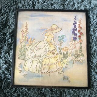 Vintage Antique Hand Embroidered Picture Of Crinoline Lady Framed