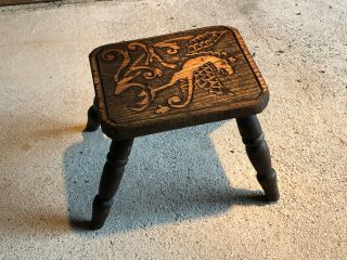 Vintage Wooden Dragon Carved Milking Stool Cute Decorative Item