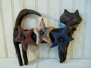 Primitive Grungy Small Black Americana Kitty Cat Doll & His Patriotic Stars