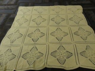 Vintage Hand Crochet Ecru Pale Yellow Star Patterned Bed Coverlet - 76 " X 74 "