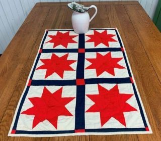 Patriotic Vintage STARS Table Quilt Doll Red w Blue 34 x 22 2