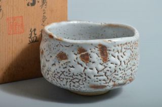 T3174: Japanese Shino - Ware White Glaze Tea Bowl Green Tea Tool,  Auto W/box