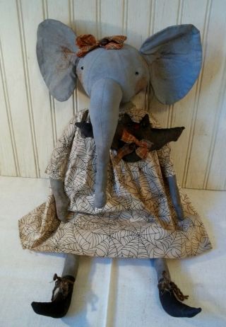 Primitive Grungy Ella Elephant Halloween Doll & Her Bat