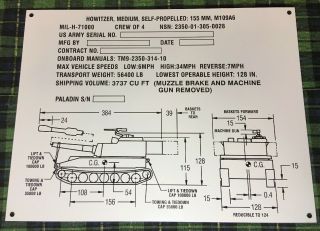 M109a6 M109 Paladin Howitzer Data Plate Tiedown Towing Dimensions Weight 12 " X 9 "