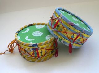 Vintage Red China Set Of 2 Drums Music Toys 1960 