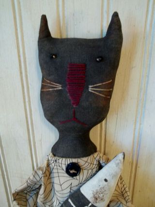 Primitive Grungy Tall Black Kitty Cat Halloween Doll & Her FishBone 2