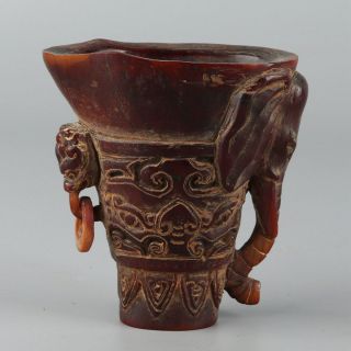 Chinese Exquisite Handmade Elephant Carving Ox Horn Cup