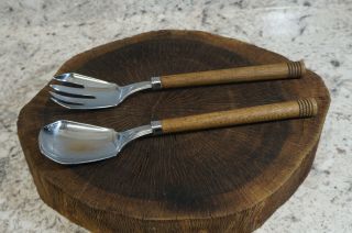 Art Deco Chase Usa Chrome Salad Fork & Spoon Wood Handle 10 3/4 "