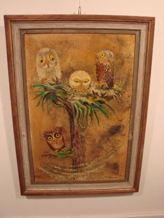 Charles C.  Stewart Jr: Taos,  Nm Modernist Cubist Owl Oil Painting