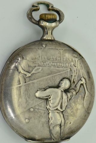 Very Rare Antique Huguenin Frères Silver Fancy Art - Nouveau Tennis Case Watch