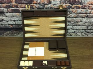 Estate Find Vintage Backgammon Set With Cork Board In Faux Leather Case 15 " X20 "