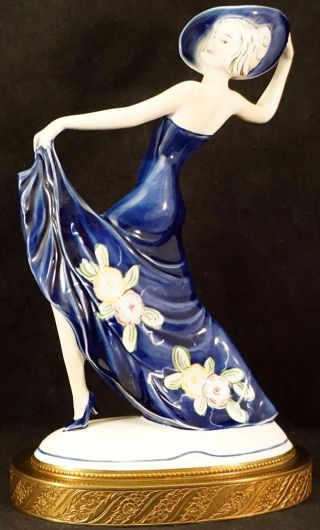 Hertwig & Co Katzhutte Porcelain Art Deco Dancing Lady Figurine Blue 1930 