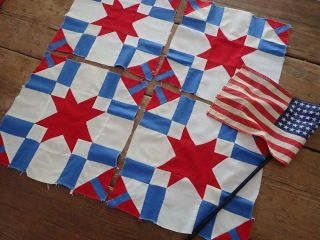 Patriotic Americana Set Of 4 Antique Red White Blue Star Quilt Blocks