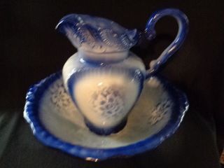 Flow Blue Style Ironstone Pitcher And Basin Floral Pattern Set