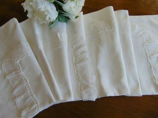 2 X Vintage Damask Cotton Feather Pattern Bobbin Lace Frill Pillowcases 72x62.  5