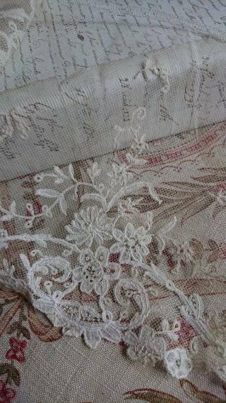 Exquisite Antique Fine Old White Brussels Lace On Tulle C1850