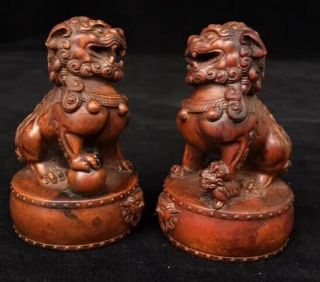 Collectable China Handwork Boxwood Carve Exorcism Lion Elegant One Pair Statue