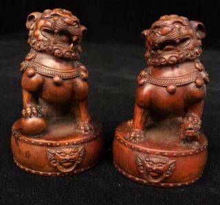 Collectable China Handwork Boxwood Carve Exorcism Lion Elegant One Pair Statue 2