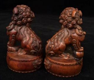 Collectable China Handwork Boxwood Carve Exorcism Lion Elegant One Pair Statue 3