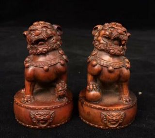 Collectable China Handwork Boxwood Carve Exorcism Lion Elegant One Pair Statue 4