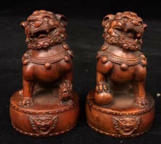 Collectable China Handwork Boxwood Carve Exorcism Lion Elegant One Pair Statue 5