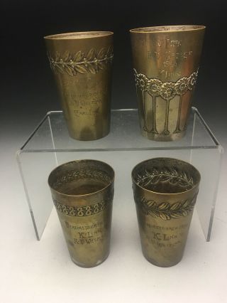4 Antique Wmf Brass Silverplate Art Nouveau Jugendstil Cups Beakers 1900 - 10