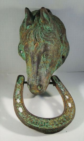 Antique Horse Head Door Knocker Horseshoe Cast Metal Iron Rustic Good Luck
