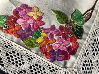 Awesome Vintage Floral Heavily Hand Embroidered Linen Tablecloth Lace Edging