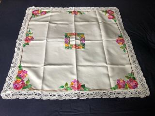 Awesome Vintage Floral Heavily Hand Embroidered Linen Tablecloth Lace Edging 3