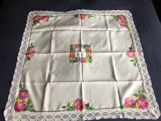 Awesome Vintage Floral Heavily Hand Embroidered Linen Tablecloth Lace Edging 5