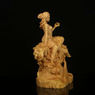 Fine Chinese Boxwood hand - carving wooden Mu Caitian goddess figure statue 3
