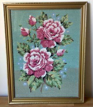 Vintage Tapestry Wool Needlepoint Picture Gold Frame Glam 1950 
