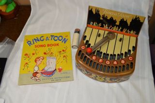 Vintage Ring - A - Toon Tin Toy Keyboard With Songbook
