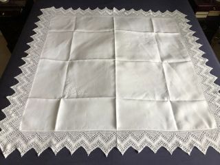 Edwardian Vintage White Irish Linen Tablecloth Crochet Edging Embroidery 4