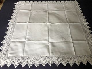 Edwardian Vintage White Irish Linen Tablecloth Crochet Edging Embroidery 5