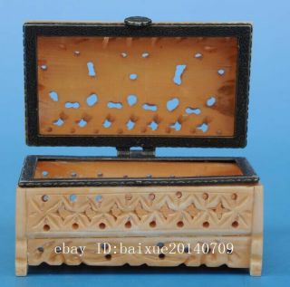 Old Chinese hand - carved horn carving hollow out jewellery box b02 4