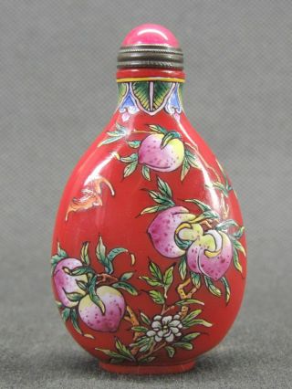 Chinese Bat Peach Plum Blossom Hand Painted Peking Enamel Glass Snuff Bottle