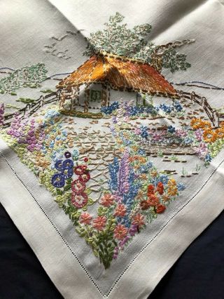 Vintage Cottage Garden Hand Embroidered Med.  Square Cream Irish Linen Tablecloth
