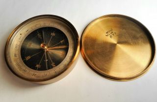 Antique Mid 19th Century Brass Cased Pocket Compass With Gemstone Bearing.
