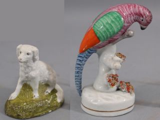 2 Antique 19thc Staffordshire Pearlware Parrot & Setter Dog Porcelain Figurines