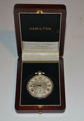 Hamilton 912 17 Jewel Open Face Pocket Watch,  14k Gf Case With Wood Box