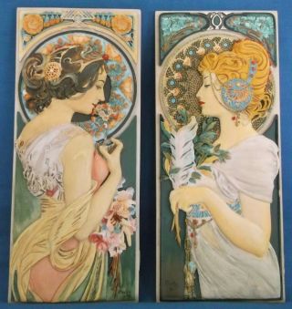 Past Times Alphonse Mucha Art Nouveau Ladies 3d 2 Wall Plaques Primrose Feather