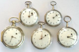 Five Early French Antique Silver Verge Fusee Pocket Watches Circa 1760 - 1790